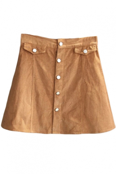 Single Breasted A-Line Corduroy High Waist Skirt