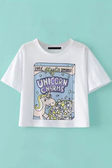 Unicorn & Sequined Letter Print Short Sleeve Round Neck Cropped Tee