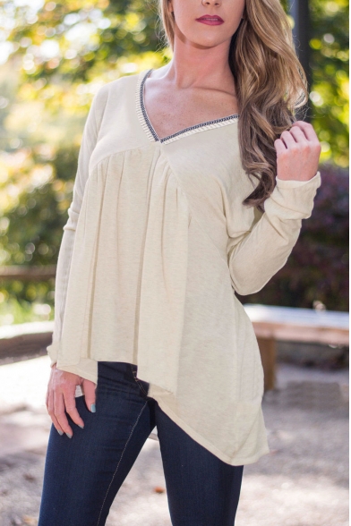 V-Neck Long Sleeve High Low Tie Back Loose Blouse