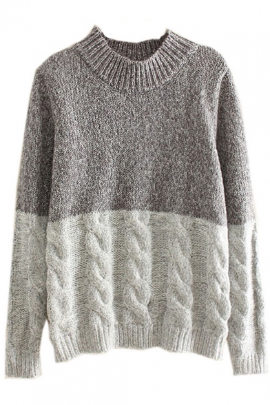 Vintage Cable Knit Color Block Round Neck Sweater