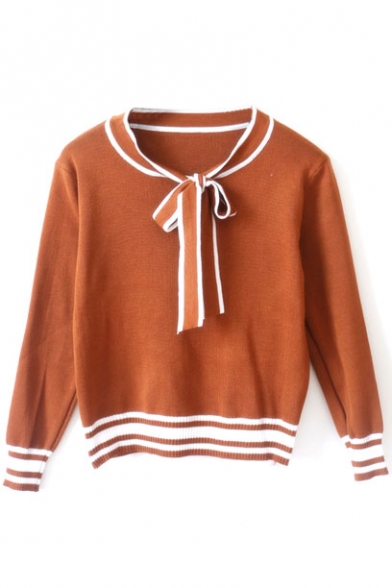 Bow Tie Neck Stripe Trims Long Sleeve Pullover Sweater