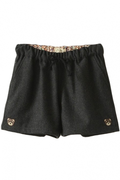 Drawstring Waist Bear Embroidery Loose Tweed Shorts
