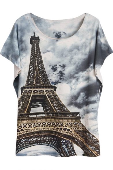 Eiffel Tower Print Round Neck Batwing Short Sleeve Tee