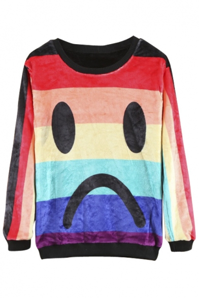 Emoji Print Rainbow Color Block Flannel Long Sleeve Sweatshirt