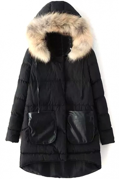 Fur Hooded Zipper Dip Hem Double Pockets Plain Padded Coat
