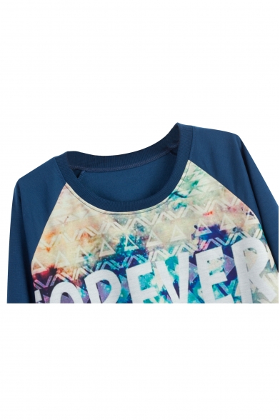 Letter &Geometric Print Raglan Sleeve Pullover Sweatshirt