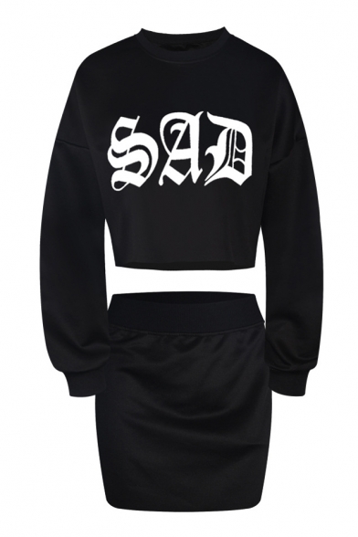 Letter Print Cropped Sweatshirt with Bodycon Mini Skirt