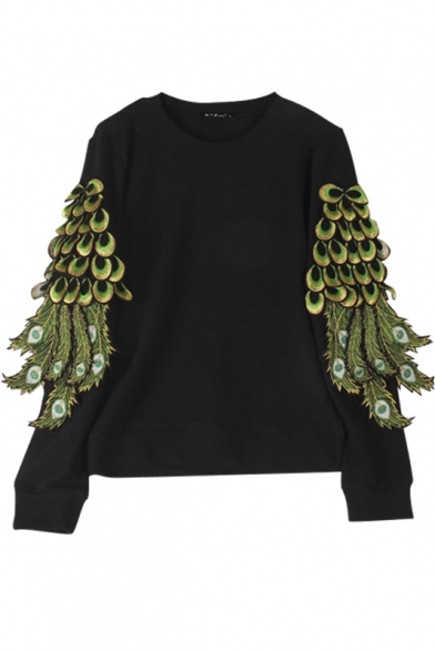 Peacock feather Embroidery Round Neck Long Sleeve Sweatshirt
