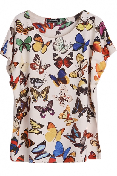 Round Neck Batwing Short Sleeve Butterfly Print Tee