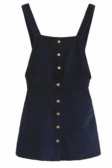 Single Breasted Plain Corduroy Mini Overall Dress