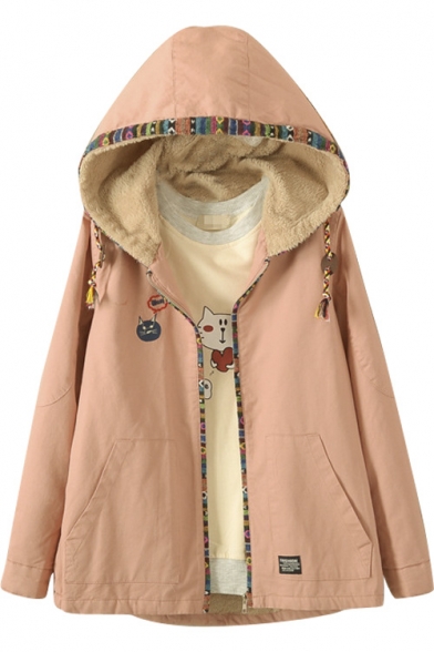 Thicken Cat Embroidery Hooded Wool Ling Coat