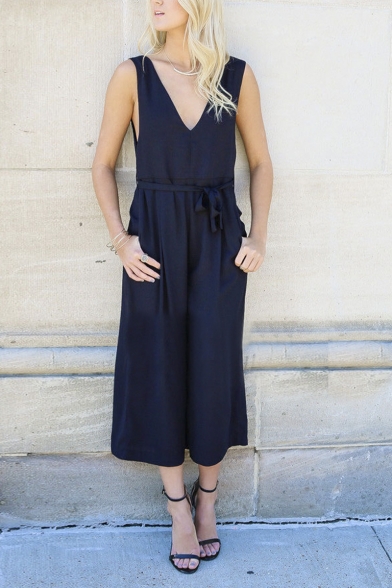 navy blue cropped jumpsuit