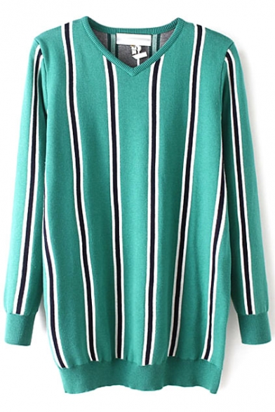 V-Neck Vertical Stripes Long Sleeve Green Long Sweater