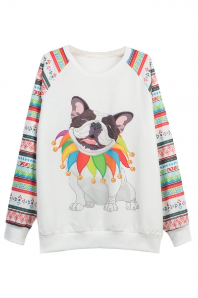 White Geometric & Cut Dog Print Raglan Sleeve Sweatshirt