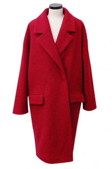 Belt Detail Long Sleeve Plain Notched Lapel Long Tweed Coat