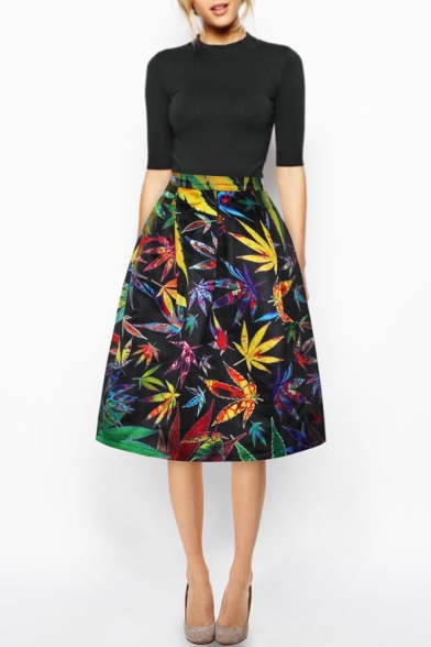 Colorful Leaf Print High Waist A-Line Midi Black Skirt