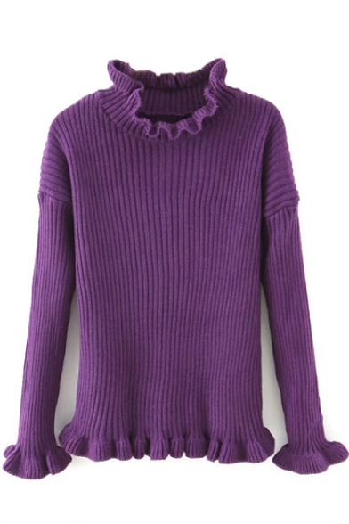 Plain Ruffle Hem Bodycon Pullover Sweater