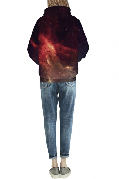 Red Galaxy 3D Print Hooded Loose Long Sleeve Sweatshirt