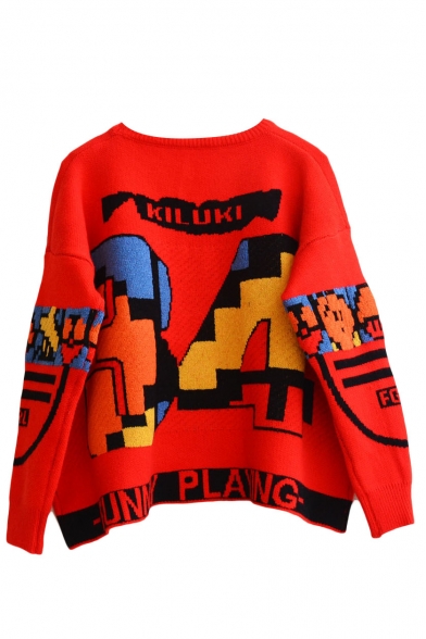 Red Game & Letter Jacquard Long Sleeve Cartoon Sweater