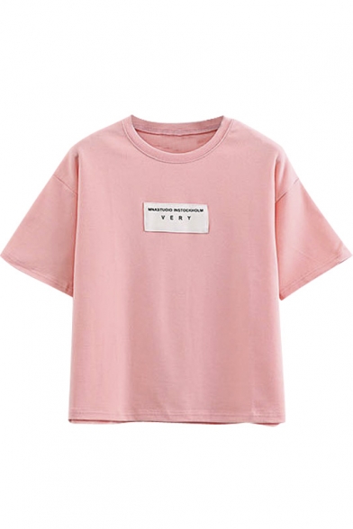 Round Neck Letter Patchwork Short Sleeve Loose Tee - Beautifulhalo.com