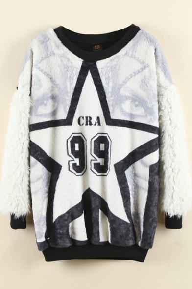 Star & Letter Print Color Block Fur Patchwork Sweatshirt