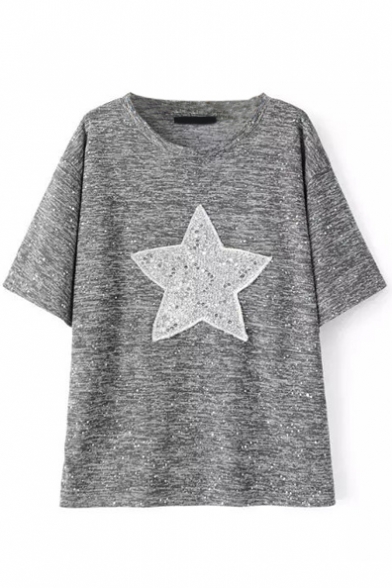 Star Sequined Embroidery Gilded Short Sleeve Tee