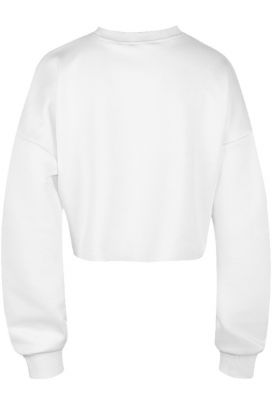 White Round Neck Long Sleeve Diamond Mouth Print Cropped Sweatshirt