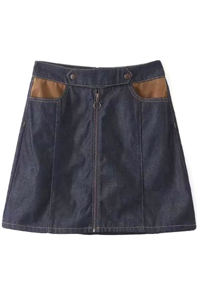Zip Up Double Button Patchwork Pockets A-Line Mini Denim Skirt