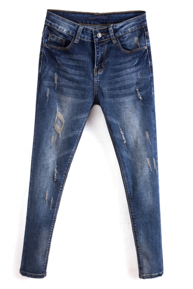 Zipper Fly Washed Old Ripped Skinny Cropped Jeans