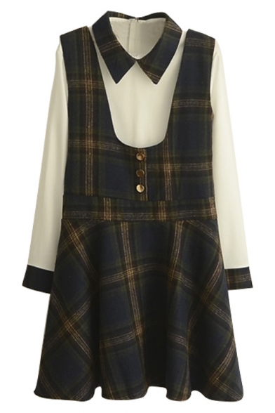 Collar Color Block Blouse with Plaid A-Line Mini Dress