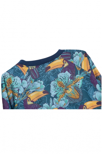 Crow & Floral Print Fleece Round Neck Long Sleeve Sweatshirt
