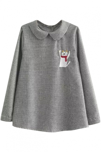 Doll Lapel Cat Embroidery Long Sleeve Houndstooth Blouse