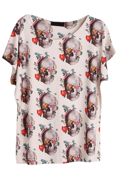 Floral & Skull Print Batwing Short Sleeve Round Neck Tee