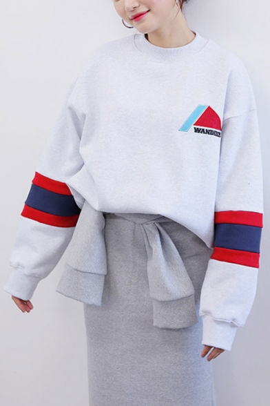 Geometric Print Tripe Trims Color Block Fleece Sweatshirt