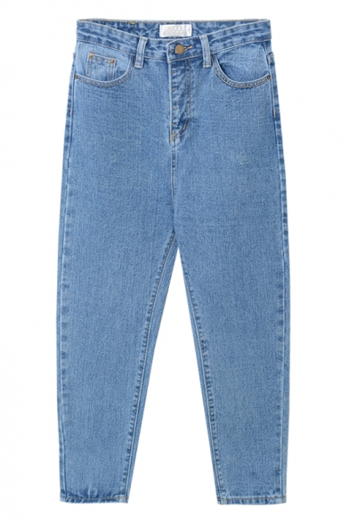 High Waist Loose Tapered Plain Zipper Fly Jeans