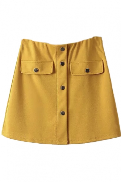 High Waist Plain Single Breasted A-Line Mini Skirt - Beautifulhalo.com
