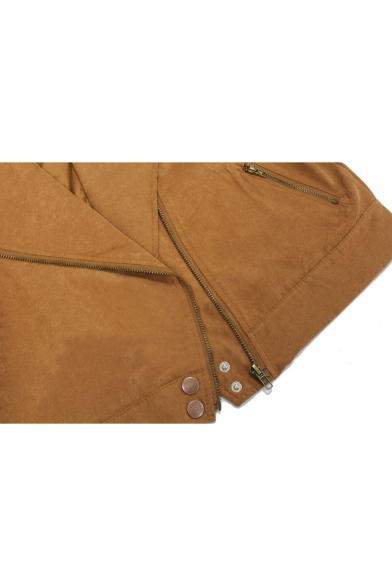Lapel Plain Cropped Inclined Zipper Tassel Back Jacket