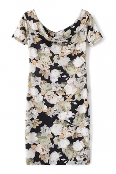 Off The Shoulder Short Sleeve Floral Print Bodycon Midi Dress