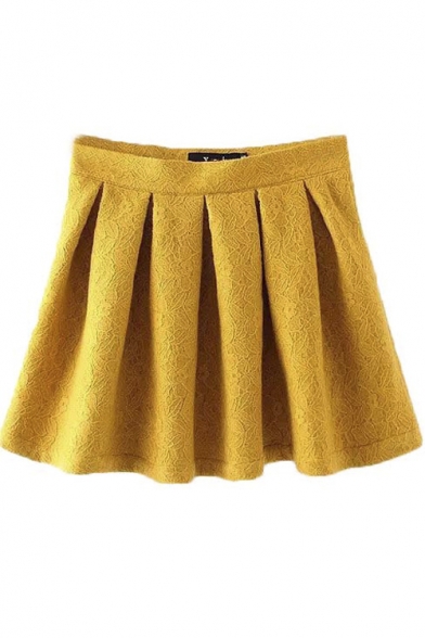 Plain Zip Side Lace Pleated A-Line Mini Skirt