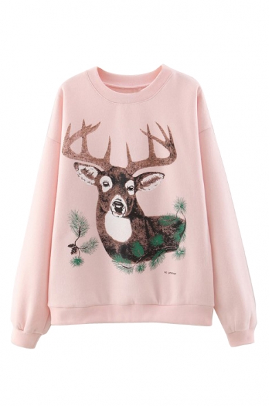 Round Neck Cartoon Deer Print Long Sleeve Pullover Sweatshirt