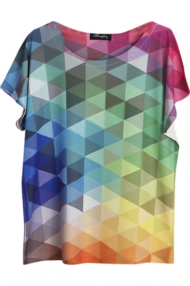 Round Neck Geometric Patterned Color Block Short Sleeve Tee