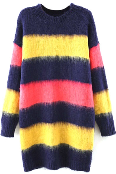 Round Neck Stripes Color Block Longline Sweater