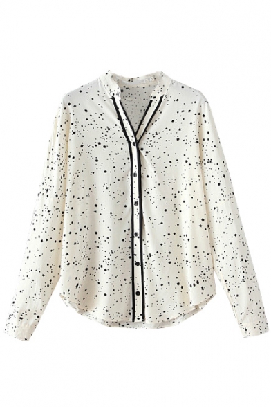 Stand Up Neck Button Down Star Print Color Block Front Shirt