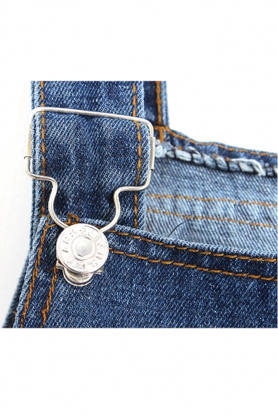 Three Buttons Side Pocket Detail Plain Loose Overall Jeans
