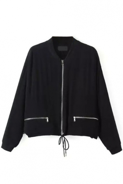 Black Zipper Drawstring Hem Long Sleeve Coat