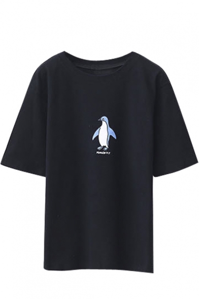 Cartoon Penguin Print Short Sleeve Round Neck Tee