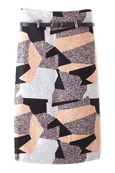 Geometric Print Color Block Tweed Tube Midi Skirt with Belt