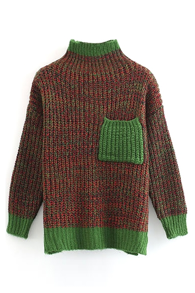 High Neck Color Block Single Pocket Chunky Knit Sweater
