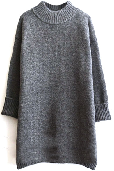 High neck Plain Turn Up Cuff Thicken Longline Sweater