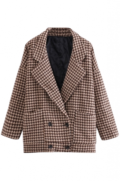 Houndstooth Print Long Sleeve Notched Lapel Double Breasted Coat